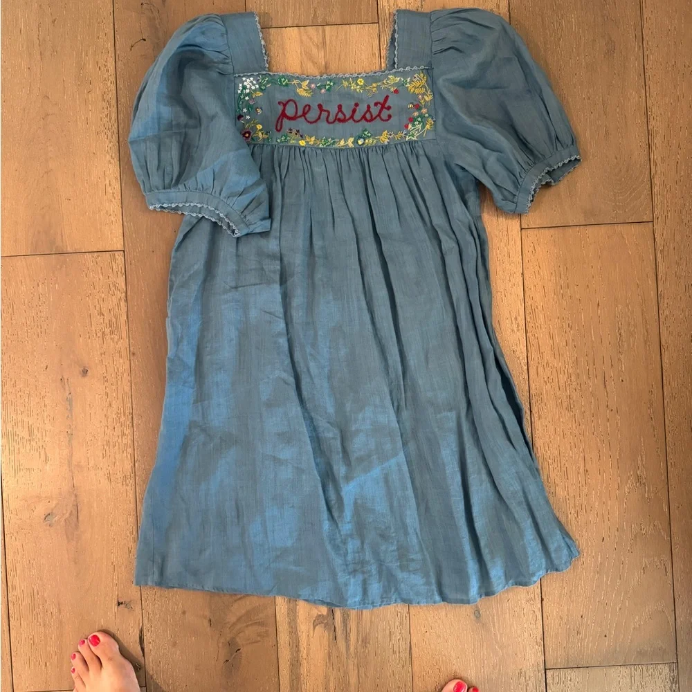 Doen Blue Puff-Sleeve Mini Dress with Embroidered 'persist' - Picture 2 of 3